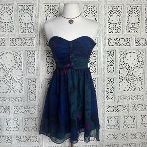 Aqua 100% Silk Watercolor Moody Strapless Bandeau Mini‎ Dress Sz XS